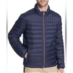 Tommy Hilfiger Puffer Jacket Blue Red Zip Snap Fleece Lined New